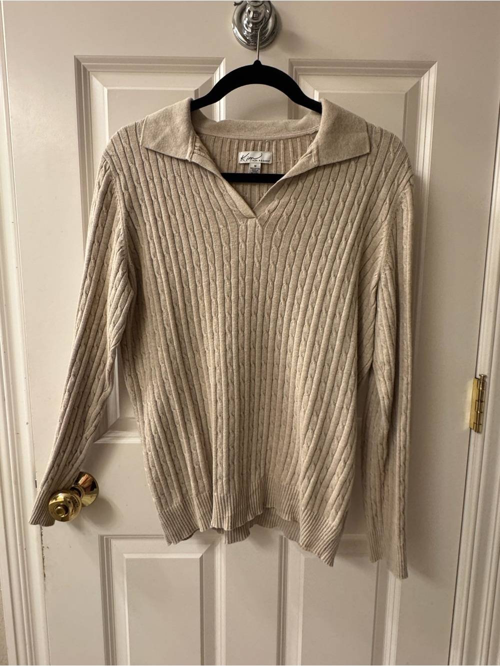 Kim Rogers Cream Cable-Knit V-Neck Collared Sweater 100% Cotton